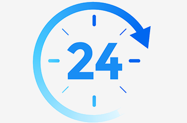 Ein Symbol, das eine Uhr mit einer blauen Zahl "24" in der Mitte und einem kreisförmigen Pfeil darstellt, das den 24-Stunden-Service symbolisiert.