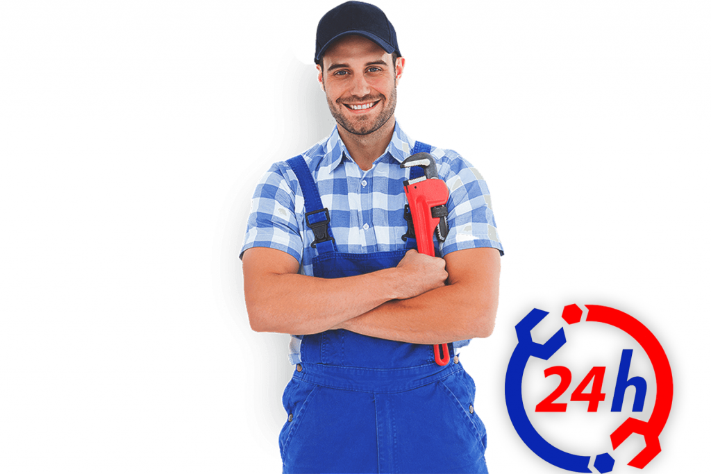 Ein lächelnder Handwerker in blauer Arbeitskleidung und einer Baseballkappe hält einen roten Schraubenschlüssel in den Armen verschränkt. Unten rechts im Bild ist ein blau-rotes 24-Stunden-Notdienst-Symbol abgebildet.
