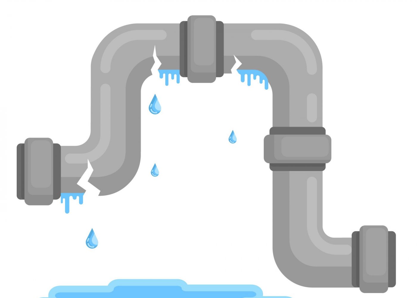 Eine Illustration eines gebrochenen Rohrs, aus dem Wasser tropft. Das Rohr zeigt mehrere Risse, aus denen blaue Wassertropfen fallen und sich zu einer Pfütze am Boden sammeln.